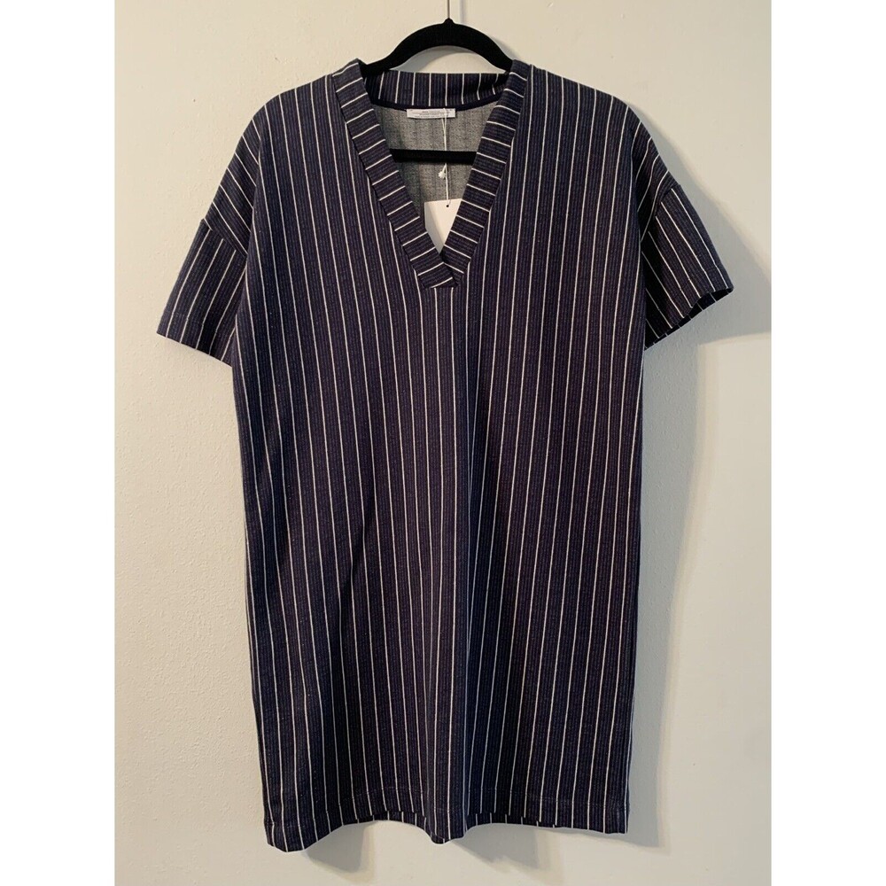 Zara Trafaluc Blue White Striped V-Neck Short Sleeve Shirt Mini Dress Women's S
